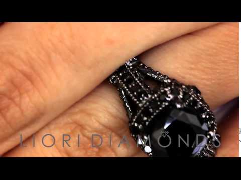 BDR-255 - 5.00 Carat Cushion Cut Black Diamond Ring 14k Black Gold Pave Halo Vintage Style