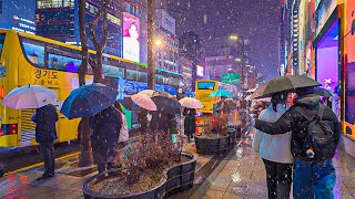Snowfall in Gangnam Street during Rush Hour | Walking in Seoul City 4K HDR