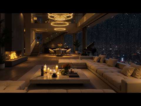 Luxury Rainy Night Jazz 🌧️ Cozy Penthouse Apartment with Piano, Fireplace Sounds & Deep Sleep Ambie