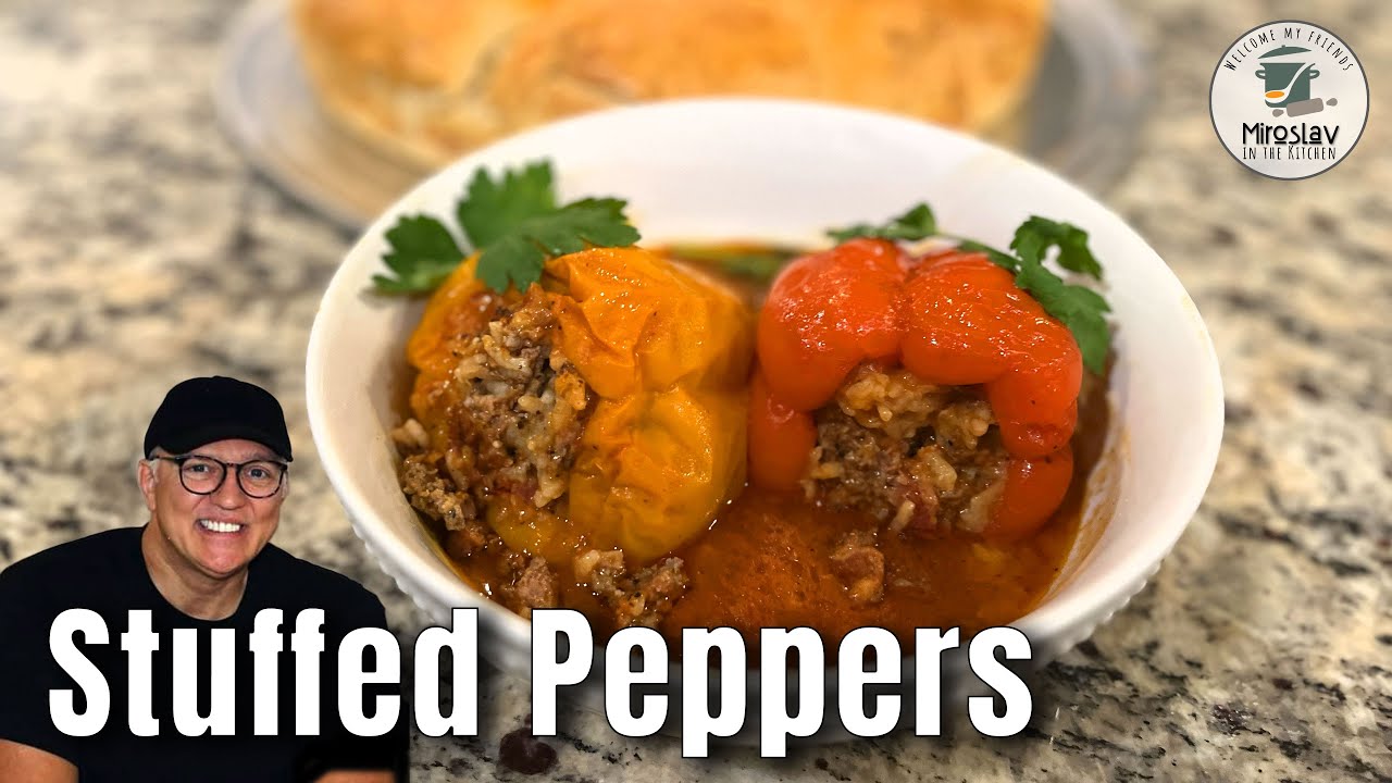 Classic stuffed peppers filled with ground beef, rice, and tomato sauce make an easy weeknight.