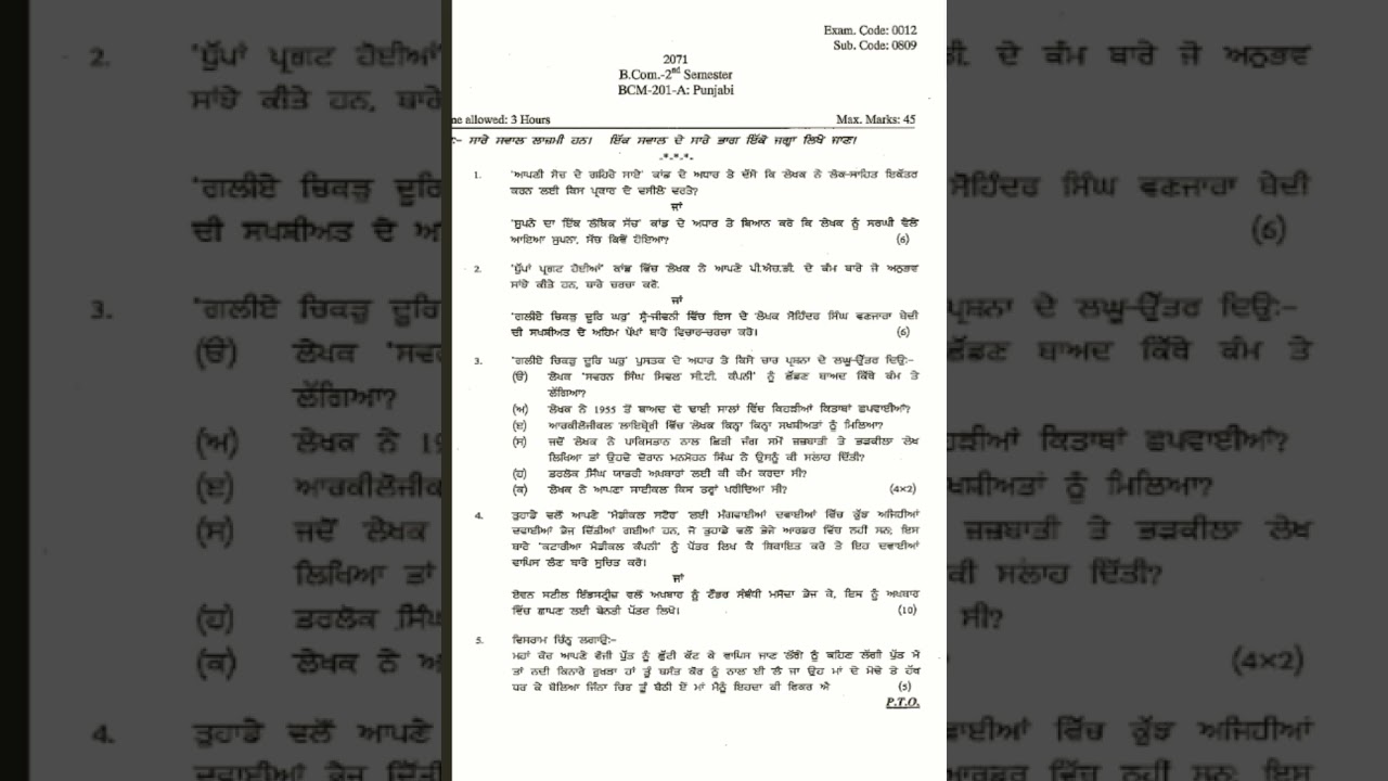 Bcom 2nd sem(Punjabi) pu previous year question paper 2021