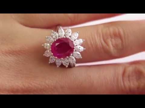 GIA "NO HEAT" 4.43ct BURMA Natural Red Ruby Diamond Cluster Platinum Vintage Ring