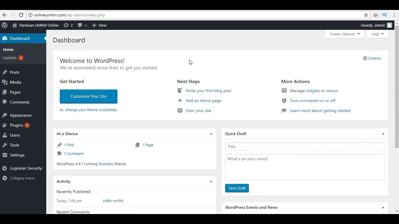 Penjelasan Dashboard Wordpress - Mengenal Dashboard Website Menggunakan Wordpress