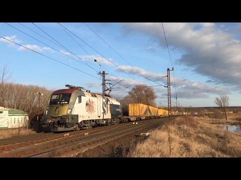 ES64U2 GySEV 470 501 "Sisi" memorial locomotive with an intermodal train near Budapest