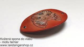 Kožená spona do vlasů - motiv terrier