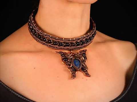 100% handmade Wire wrapped butterfly choker with pendant Azurite malachite and garnets copper wire
