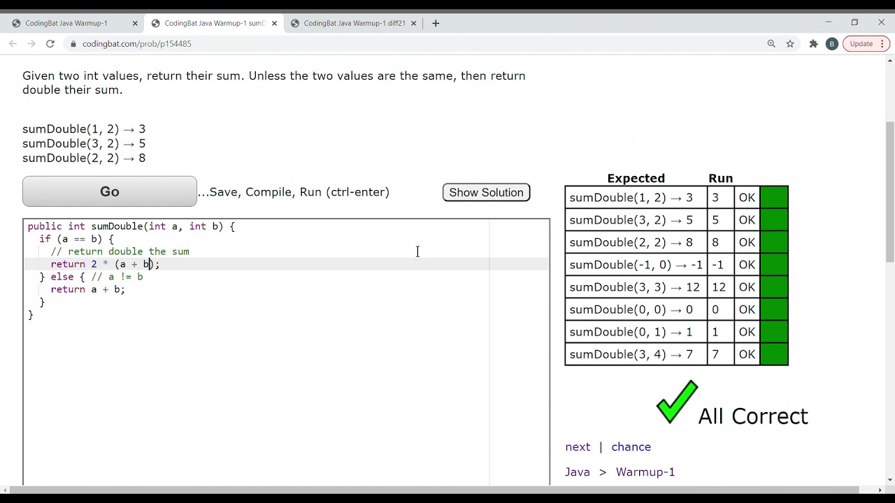 Java Codingbat Warmup Problems - sumDouble and diff21