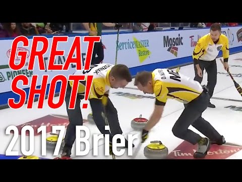 2017 Tim Hortons Brier - McEwen (MB) tough draw to side pin for win over NO