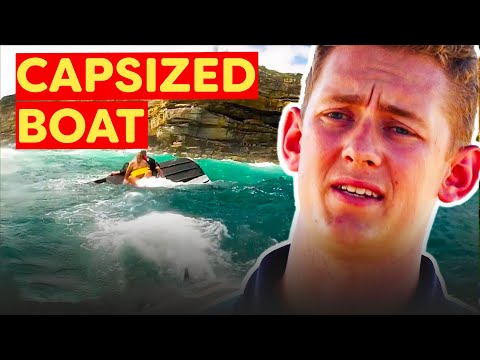 Fishermen's Boat Capsizes Near Dangerous Cliffs - Lifeguards Rush to Aid (FULL CLIP)