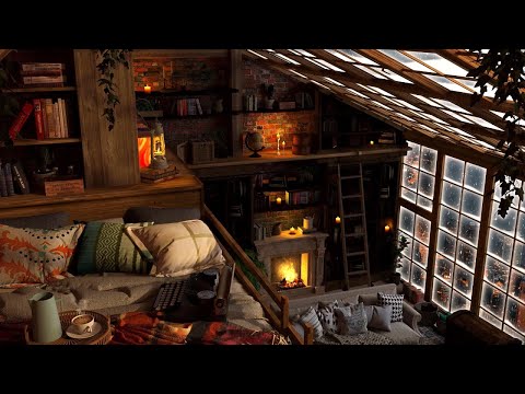 Cozy Winter Attic with Fireplace | Heavy Wind & Blizzard Sounds