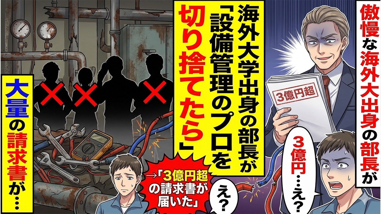【スカッと】海外大学出身の部長が「設備管理のプロを 切り捨てたら」→「3億円超の請求書が届いた」「え？」【スカッとする話】【アニメ】【漫画】【2ch】