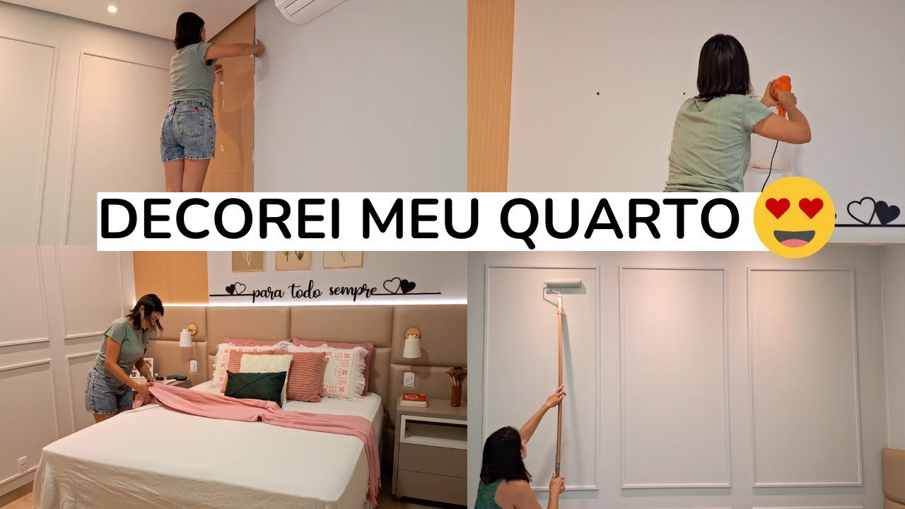 DECORAÇÃO DE QUARTO Simples e BARATA 😍 Fiz BOISERIE com CANALETA de PVC , ficou UM LUXO! TUDO LINDO