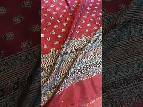 Hand Block Printed Ajrakh Unstitched Suit Set with Dupatta
