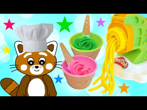 Pukkins gör rolig spaghetti i Play Doh lera - Lek och lär dig färger - Lek med oss