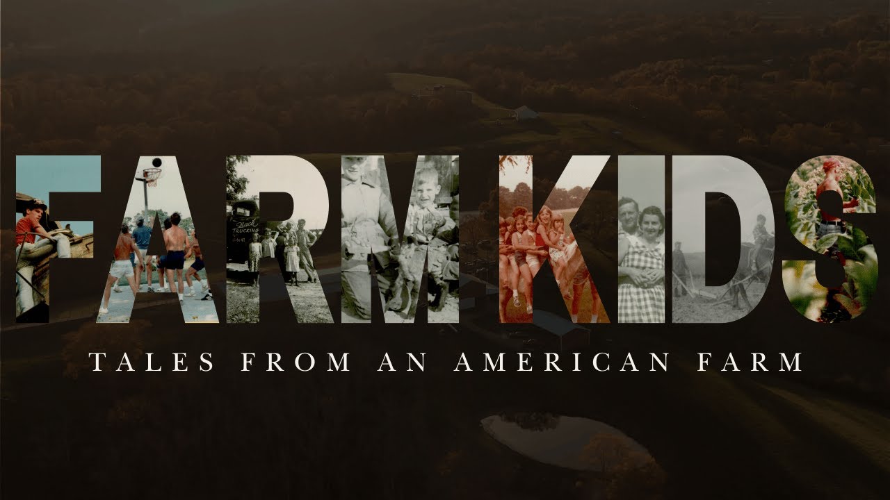 Farm Kids title card: the title in bold letters filled with vintage family photographs, over farmland at dusk