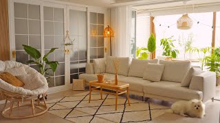 지중해 휴양지처럼 우리 집 거실 꾸미기🌴 | 가죽소파, 라탄의자,니트쿠션, 딸기 롤케이크 Feat 자코모 소파