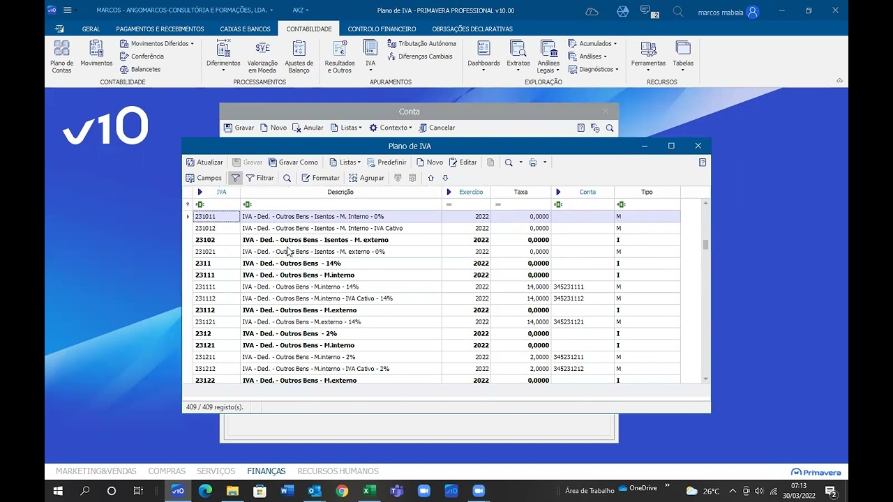 SAIBA COMO ASSOCIAR UMA CONTA A CLASSE DO IVA NO ERP PRIMAVERA V 10