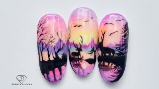 Sunset Landscape nail art tutorial. Gel Polish Nail Art 