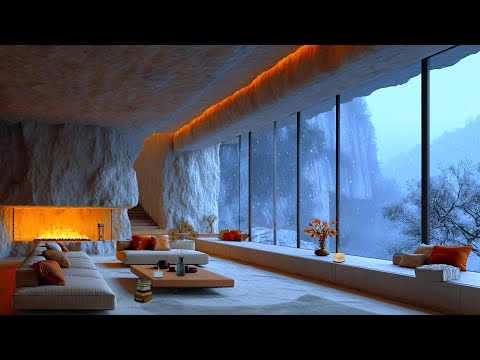 ❄️ Winter Atmosphere Snowfall on the Mountains ~ Luxurious Living Room and Soft Jazz Music for Relax