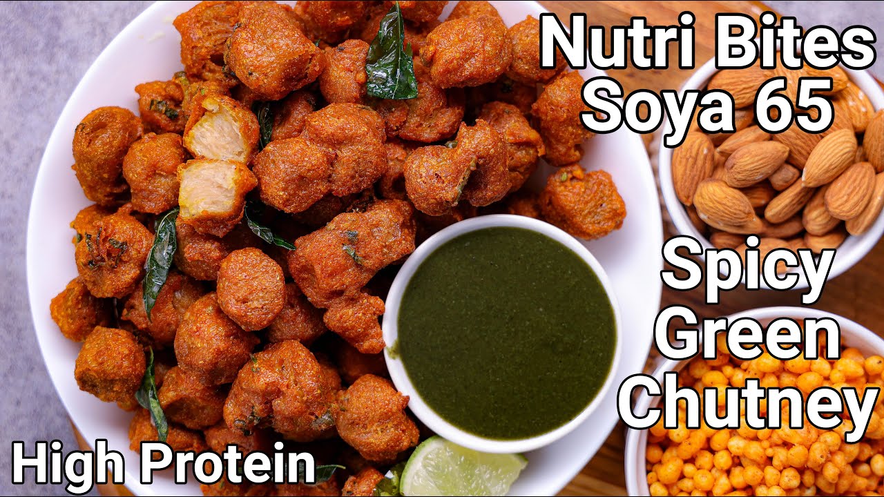 Crispy Soya Chunks Pakoda 65 with Spicy Green Chatni | High Protein Meat Alternative Soya Vadi Nasta