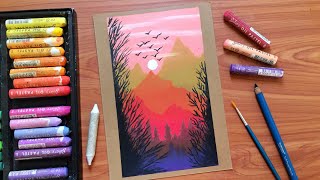 Simple Scenery Oil Pastel Painting for beginners | Easy Oil Pastel Drawing Tutorial on Craft Paper