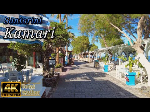 Santorini, Kamari promenade 🇬🇷 | Black Pebble Beach, Relaxed Vibes, Volcanic Sands & Blue Seas 4k