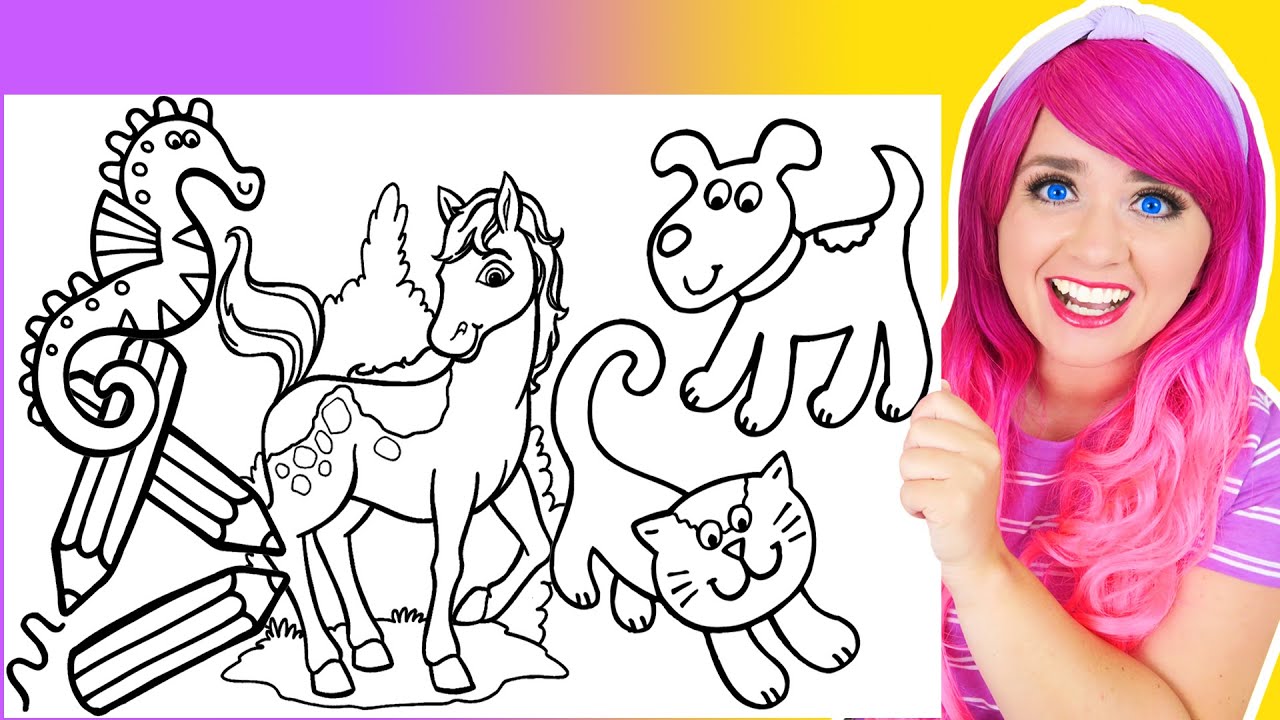 Coloring Cute Animals with Colored Pencils Coloring Pages | Seahorse, Cat, Dog, Horse & Pencils