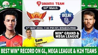 Hyderabad vs Delhi Dream 11 Prediction | IPL - 50 Match Dream 11 Team | H2H GL SRH VS DC Win Dream11