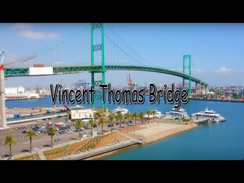 Driving from LA 110 Freeway- Vincent Thomas Bridge- Long Beach Downtown- San Pedro Downtown ,CA USA
