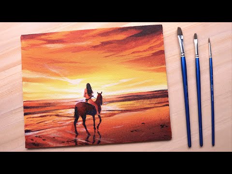 Acrylic painting of beautiful sunset landscape of girl riding horse step by step