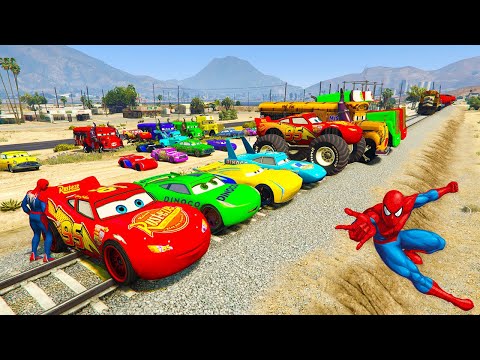 SPIDERMAN McQueen vs TRAIN Stop Challenge! EPIC TRAIN BRIDGE CRASH Ultimate Showdown! Cars 3 - GTA V