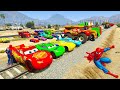 SPIDERMAN McQueen Vs TRAIN Stop Challenge EPIC TRAIN BRIDGE CRASH Ultimate Showdown Cars 3 GTA V