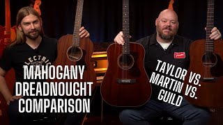 Video thumbnail for Mahogany Triple Threat: Guild D-120 vs. Martin D-15M vs. Taylor AD27 by Alamo Music Center