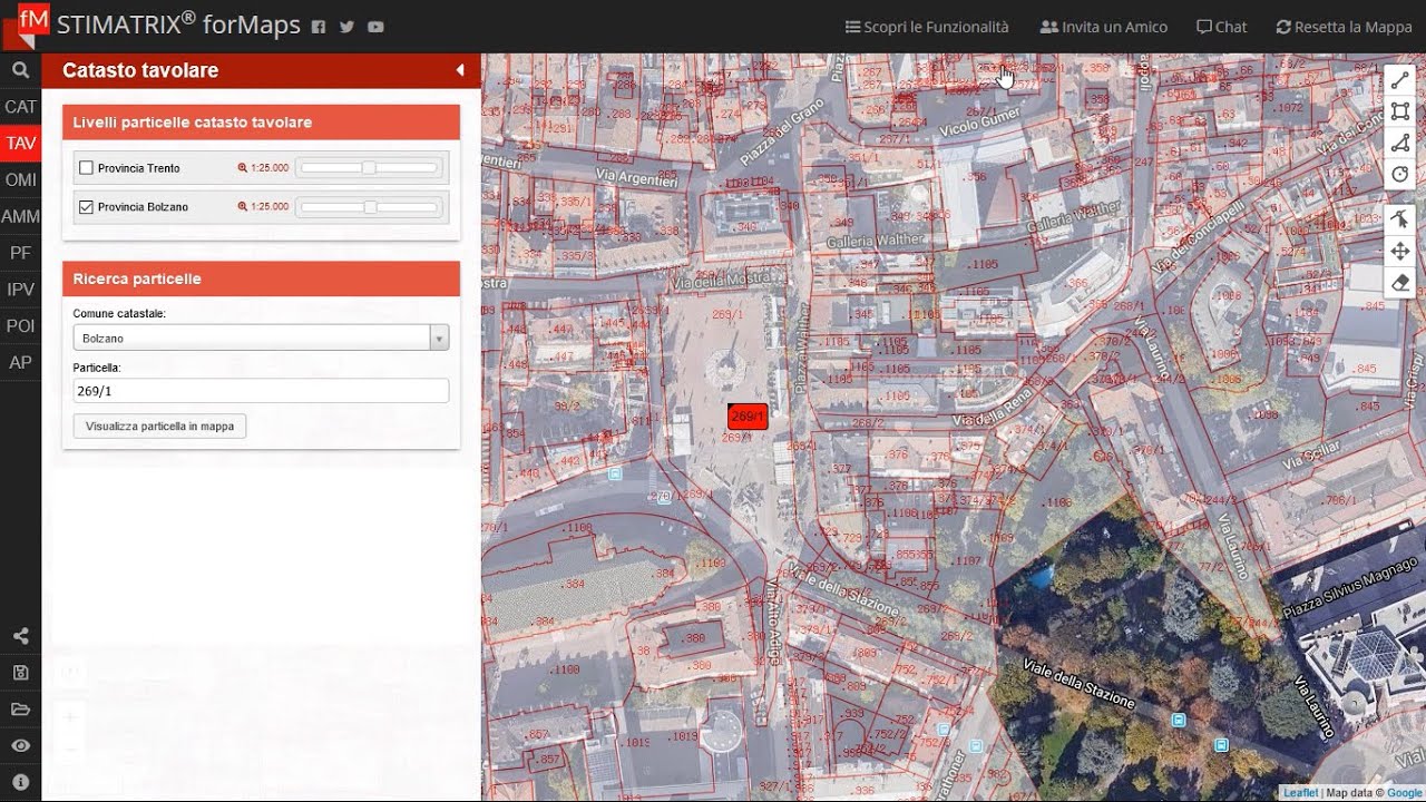 Ricerca di particelle del catasto tavolare con STIMATRIX® forMaps