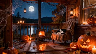 Cozy Halloween Night Ambience — Crackling Fire, Sleeping Cat & Pumpkin Glow|Relaxing Halloween Music