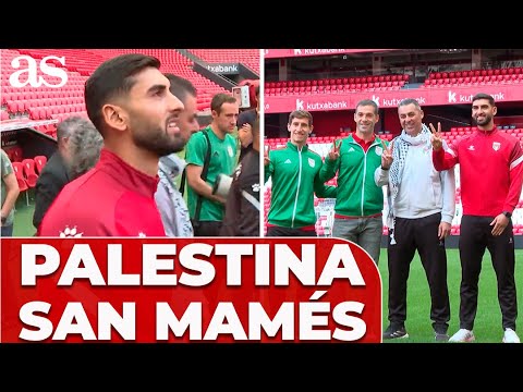 The excitement of the Palestinian national team at San Mamés before the match against Euskadi