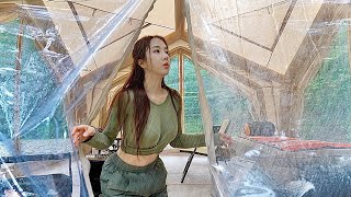 CAMPING IN HEAVY RAIN ☔ RELAXING IN TRANSPARENT INFLATABLE TENT • ASMR