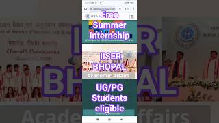 FREE Summer Internship 2026 🔥 | IISER Bhopal | UG/PG Students Eligible