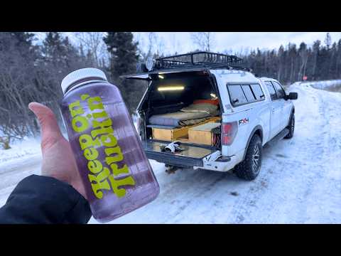 Winter Truck Camping with no heater- staying warm with Hot Water (-10 degrees)