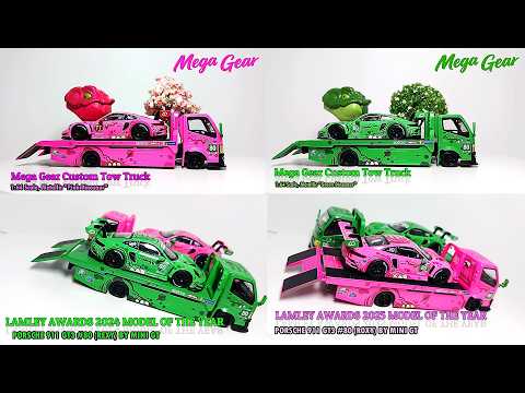 Mega Gear Custom Tow Truck "Pink Dinosaur", "Green Dinosaur" Livery, Porsche 911 GT3 R #77 & #80