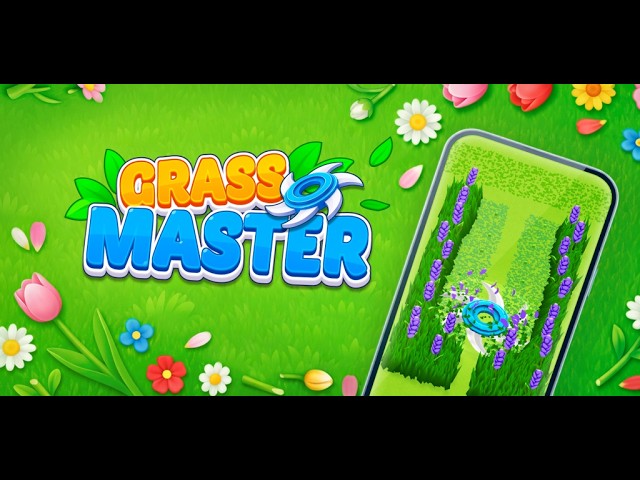 Grass Masterのロゴと草刈りゲーム画面を組み合わせた公式画像