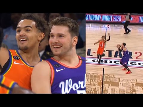 Luka Doncic hits from halfcourt over Trae Young | 2020 NBA Rising Stars Game