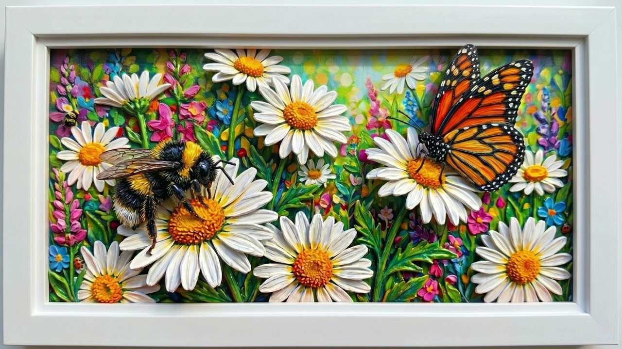 Butterfly and Bumble Bee Sharing Daisies screensaver | wallpaper | and 4K frame TV art