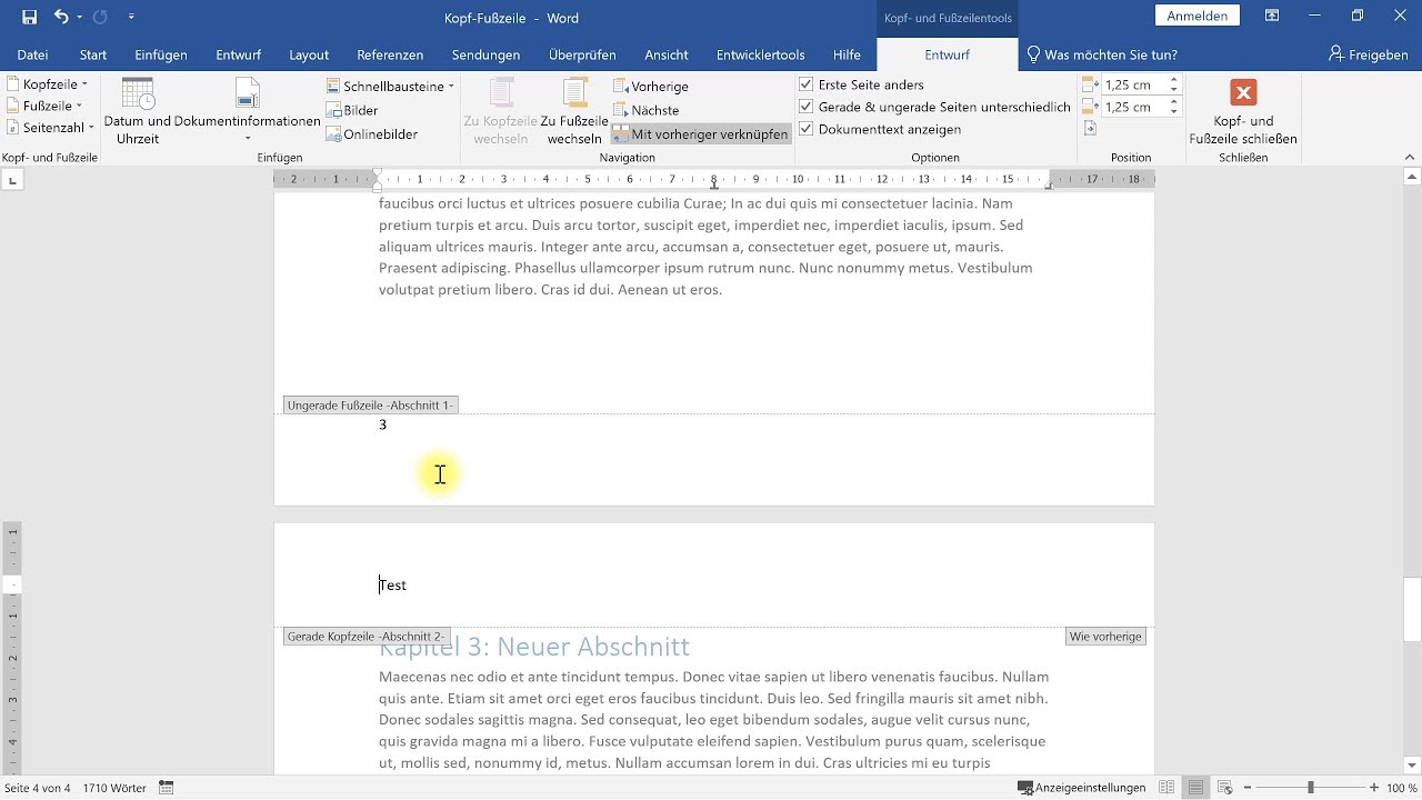 Individuelle Kopfzeile und Fußzeile ab bestimmter Seite WordTutorial