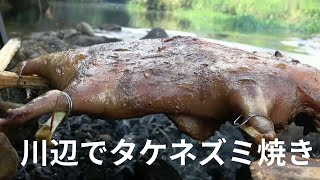 【たけねずみ】衝撃タケネズミ焼き　川辺で焼いて美味しく食べたよ