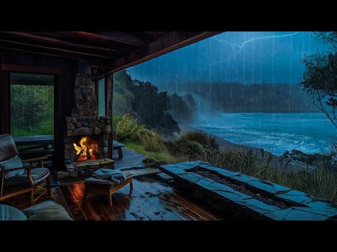 Relaxing in a Wooden Cabin by the Ocean During a Rainstorm | Peaceful Night Ambience for Deep Sleep