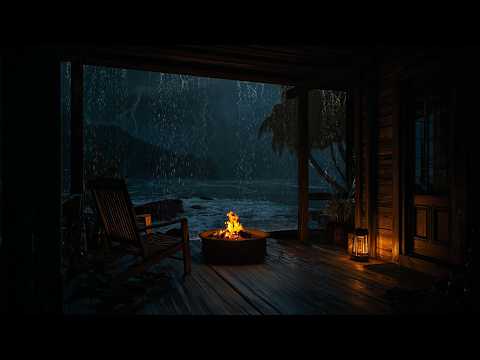 NoAds Crackling Fire&Seaside Rain | Best Rain in the Porch at Night | Sleep Deeply with Rain Sounds