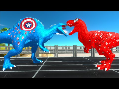 CAPTAIN AMERICA SPINOSAURUS vs SPIDERMAN T-REX DEATH RUN -  Animal Revolt Battle Simulator
