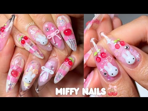 miffy cherry nails 🍒 cute summer nail art, nail extensions, nail tutorial