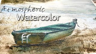 Lakeside Serenity | A Moody Watercolor Boat Scene